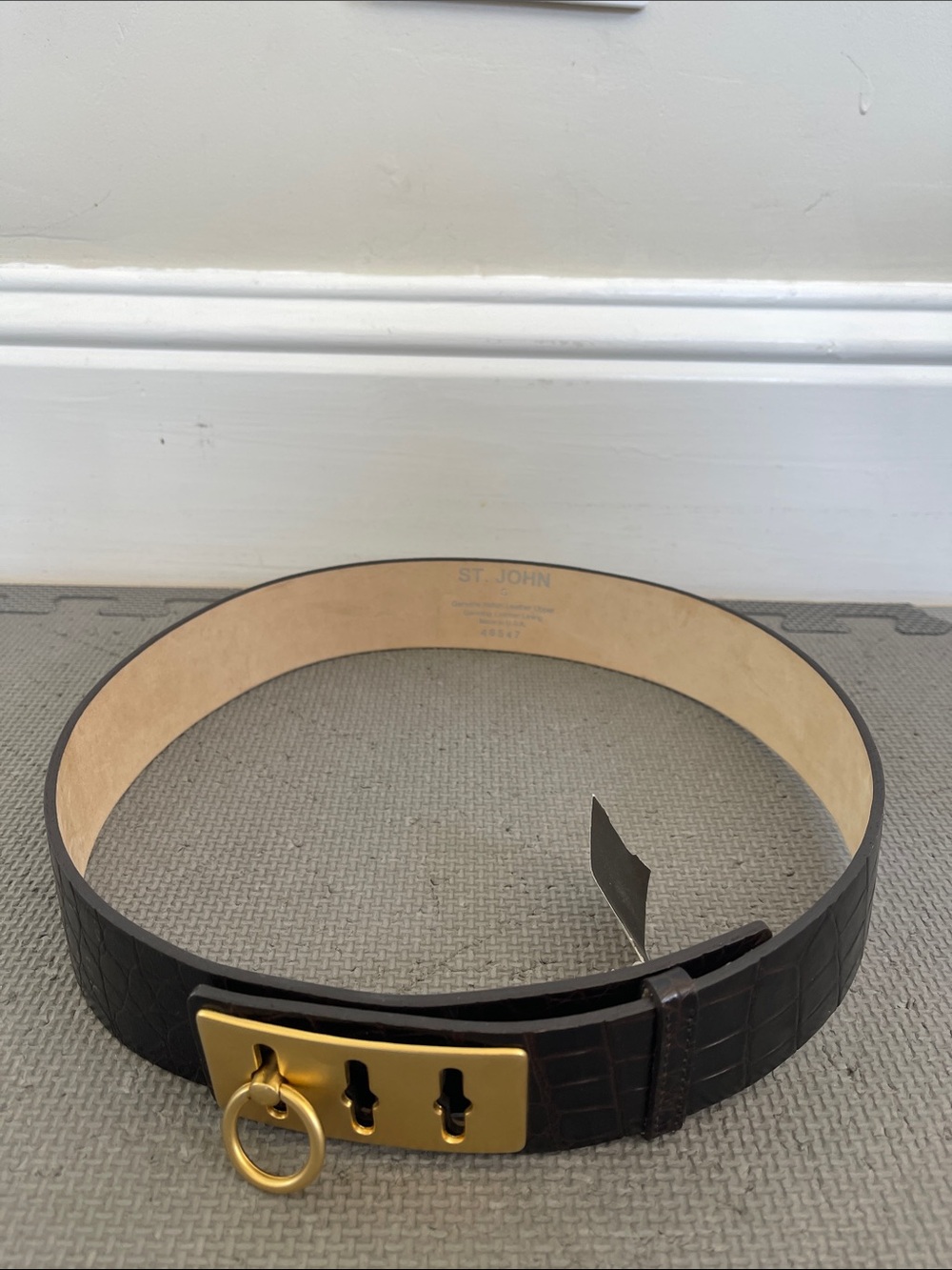St. John Brown Croc-Embossed Leather Belt with Gold Ring Buckle